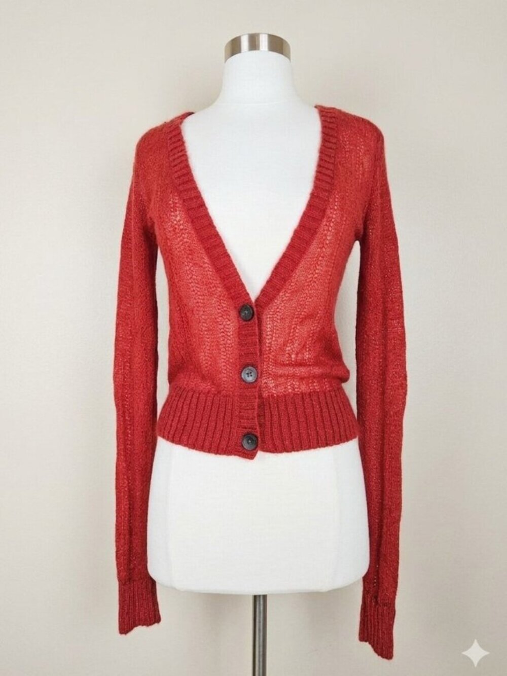 Aerie Red Mohair Blend Cardigan Lightweight Knit Bottom Up Eyelash Sweater Small